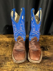 Old West Kids Brown Blue Leather Western Cowboy Boot Square Toe Size 13