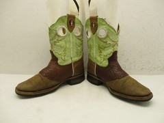 Semental Brown and Green Leather Square Toe Cowboy Boots Youth Size 6