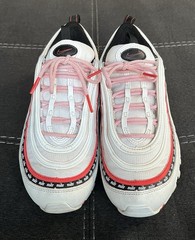 Nike Air Max 97 Script Swoosh Sneakers 7Y Women 8.5 White/Red/Black CQ4817-100
