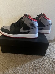 Big Kid’s Jordan 1 Mid Black/Cement Grey-Fire Red (DQ8423 006) – 5.5