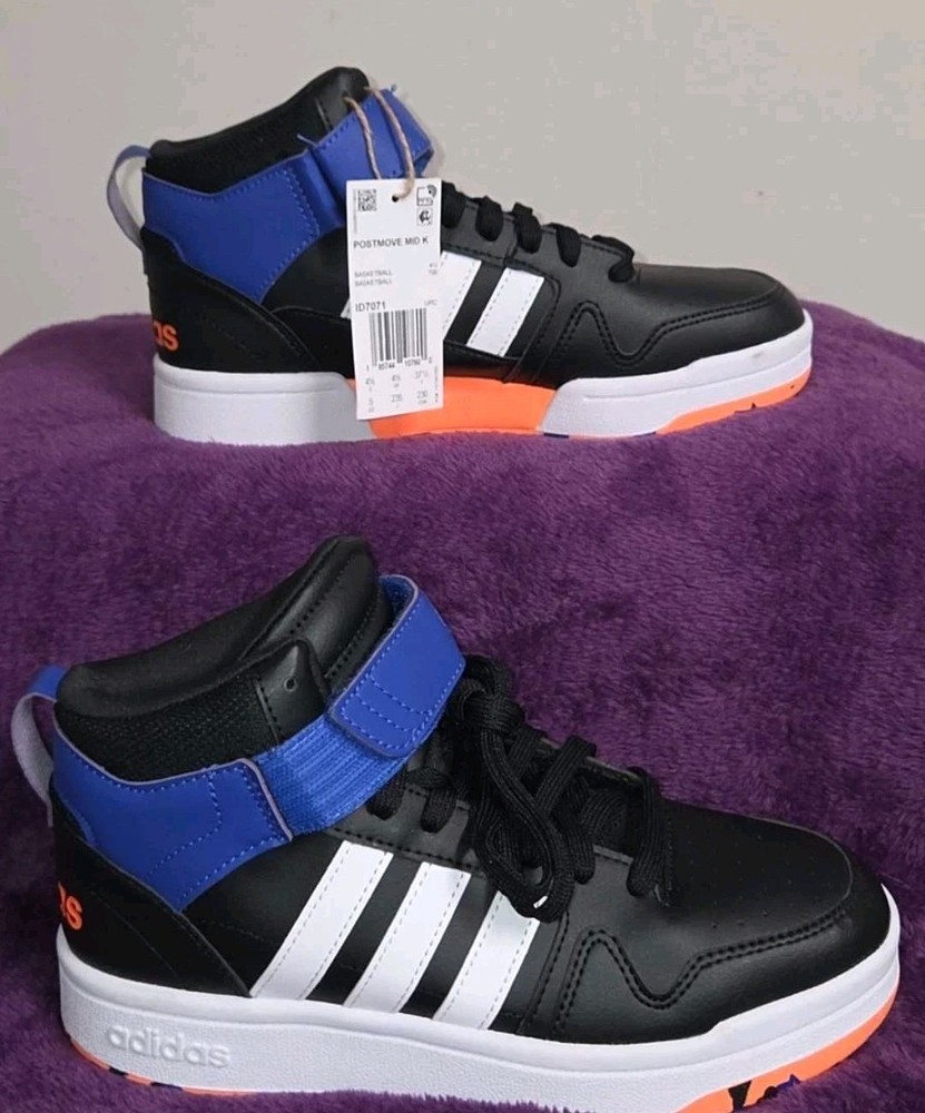 Kid’s Adidas Postmove Mid K Sneaker Size 5 ID7071 Black Blue Orange NWT