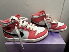 Nike Air Jordan 1 Mid Unisex Kids Size 13 Pink/White/Black Leather Lace-Up