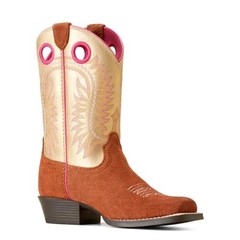 ARIAT YOUTH DERBY MONROE WESTERN BOOT – SIZE 6 YOUTH – GOLD/PNK/BROWN