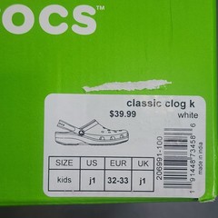 Crocs Classic Clog K White Lightweight Breathable Kids Size J1 NWT