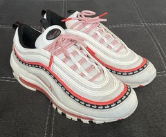 Nike Air Max 97 Script Swoosh Sneakers 7Y Women 8.5 White/Red/Black CQ4817-100