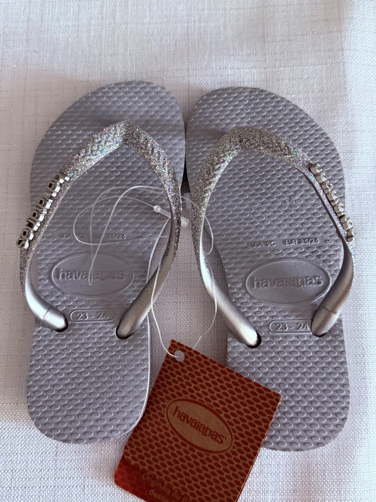 Havaianas Flip Flops Grey Silver Glitter Girls Size 9C NWT