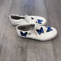 Blue Butterfly White Slip On Vans – Custom Painted Vans Shoes Youth Size 5