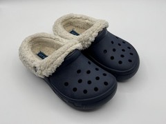 Crocs Youth Classic Lined Clogs Size J1 Blue Slip-on White Faux Fur Fuzzy & Warm