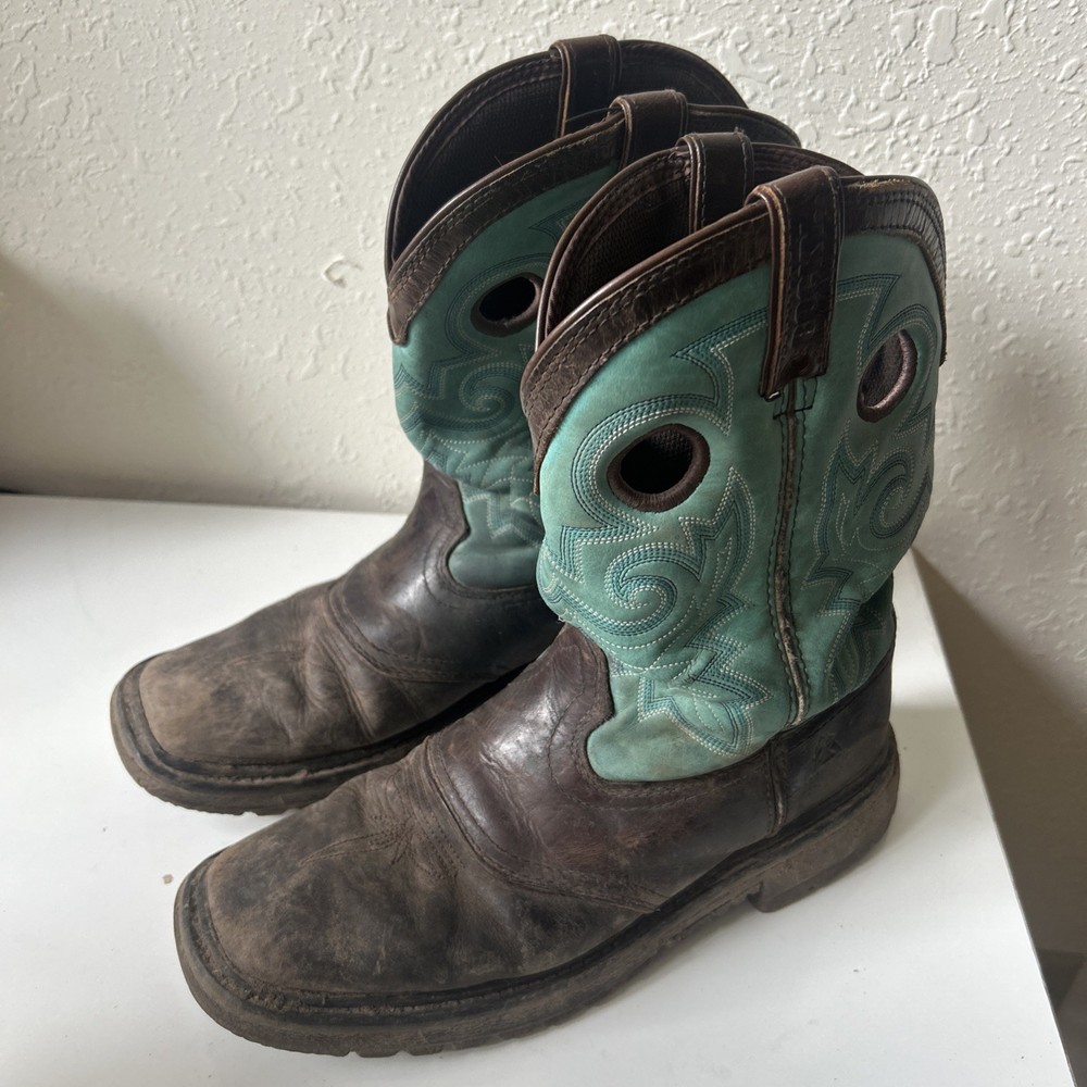 Rocky Western Boots US Kids Sz 8 Saddle Brown Teal Cowboy Style Durable Classic