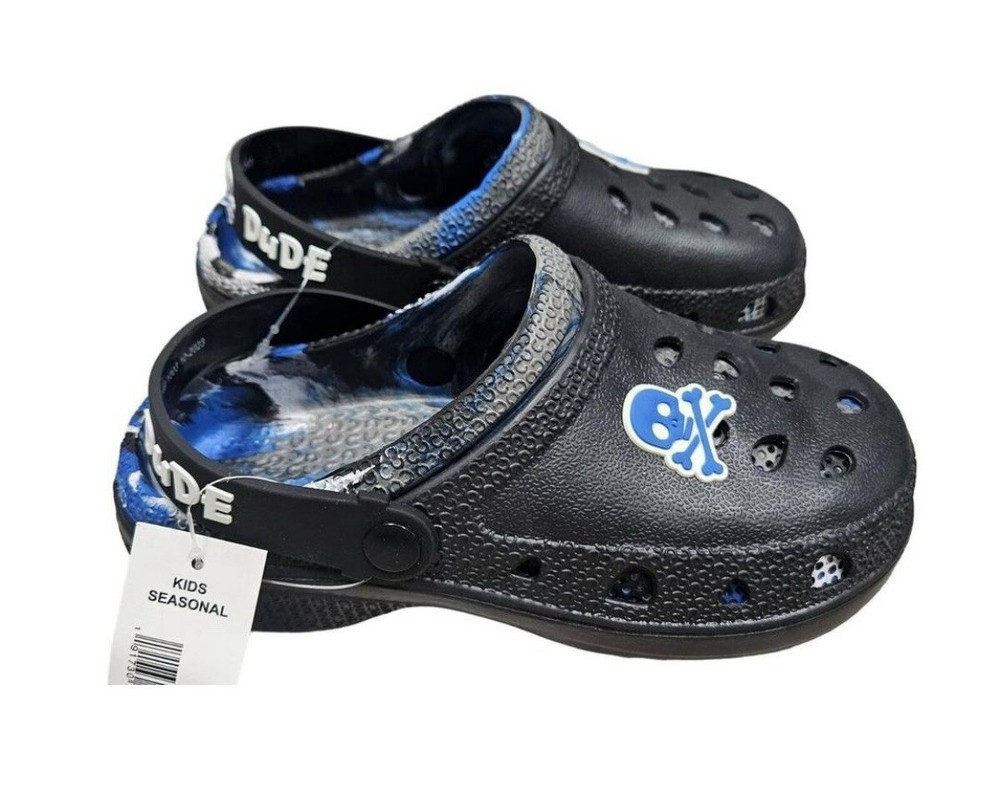 Brand unknown Kids Cool Dude Skull Clogs Boys Black & Blue Slip-On Shoes Rubber