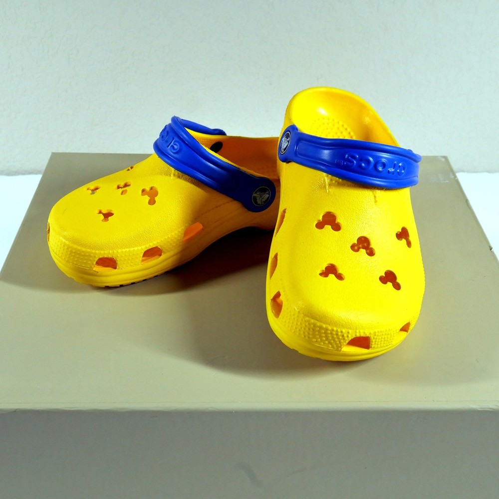 Crocs Classic Clogs Mickey Mouse Yellow Blue Strap Kid’s 4 Slip On Shoes