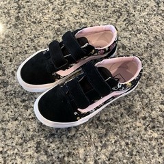 VANS Old Skool V Kids US 13 Sneaker Hook & Loop Black Pink Mermaid Print