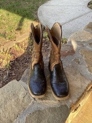 Roper Little Kids CowboyBoot Size 2 Square Toe 10” Calf Black/Tan Pre-Owned EUC