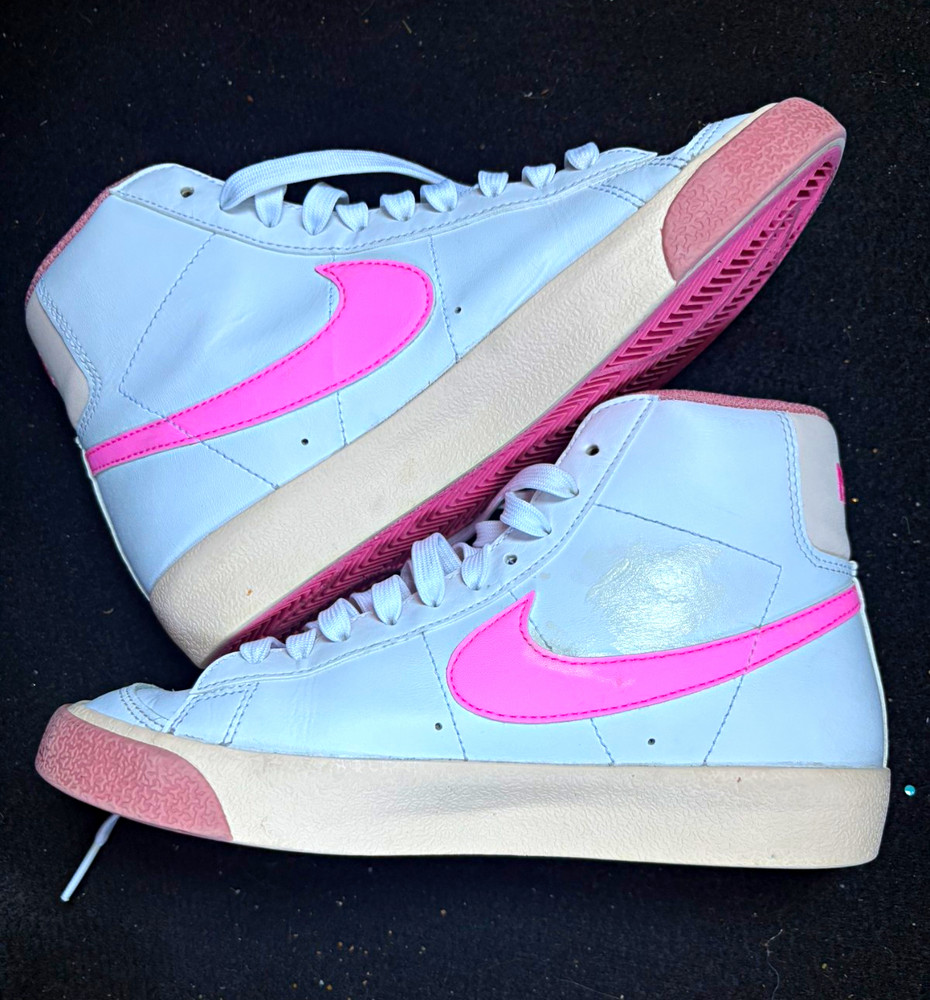Nike Blazer Mid Unisex Kids Mid-Top Leather Sneakers White Pink Lace-Up Size 4.5