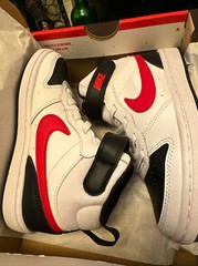 Size 12C- Nike Court Borough Mid 2 White/University Red-Black Kids Youth CUTE