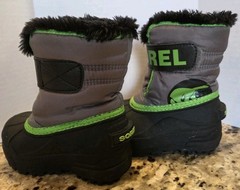 Sorel Snow Commander Boots Unisex Kids Sz 7 Black Green Grey Snow Shoes Faux Fur