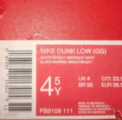 Nike Dunk Low (GS) 4.5Y White/Wheat/Midnight Navy Leather Sneakers FB9109-111