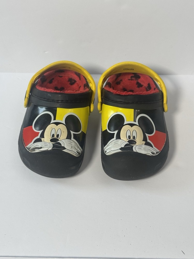 Disney Mickey Mouse Lined Crocs C11 Kids Black Red Winter Clogs