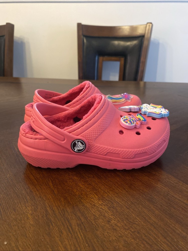 Crocs Lined Clogs Pink Unicorn Cat Bubble Gum Jibbitz Girls Size C10