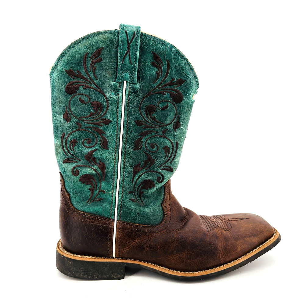 Big Kids 5 M Twisted X Hooey Cowboy Boots Green Brown Leather Square Toe YTH0008