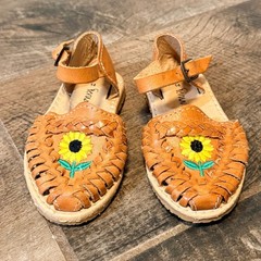 Fernanda Roy’s Toddler Embroidered Sunflower Leather Huarache Sandals,Tan, 8.5/9