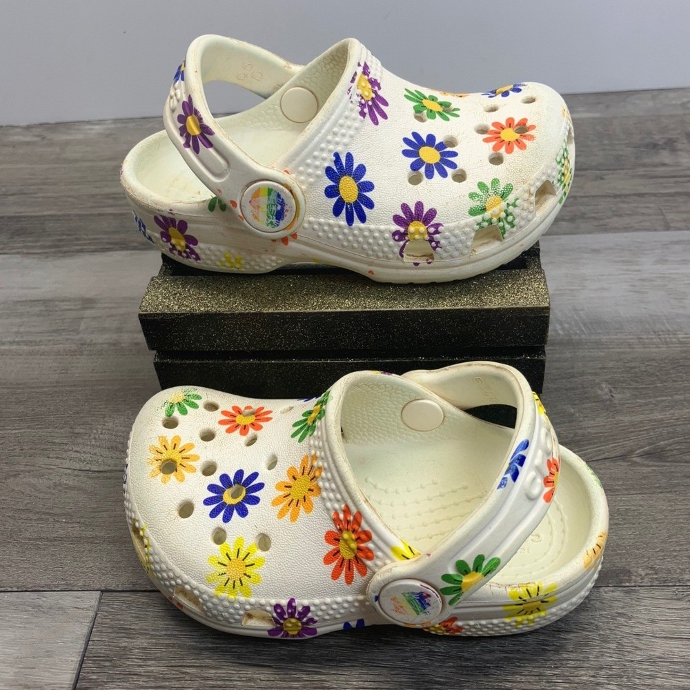 Crocs Toddler C5 Classic Clog White Multi Color Daisy Floral Print 207345