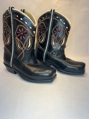Kids Size 3.5C Neolite Backyard Buckaroo Cowboy Boots Black Leather Floral Inlay