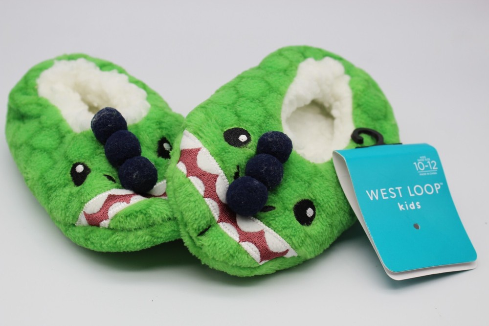 Unisex Kids Fuzzy Slipper Sock West Loop House Slippers Green Monster Sz 10 – 12