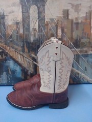 Old West 12122012 Leather Cowboy Boots Brown/Tan Cream Stitching Youth Sz 5