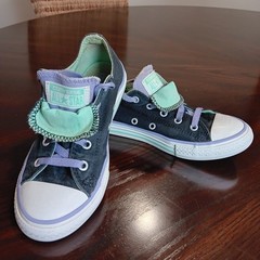 Converse All Star Double Tongue Junior Size 2 Black with Teal Low Tops Sneakers