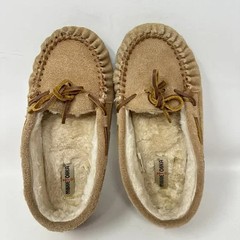 Minnetonka Suede Lined Slip on Moccasin Slippers Shoes Tan Girl Sz 4