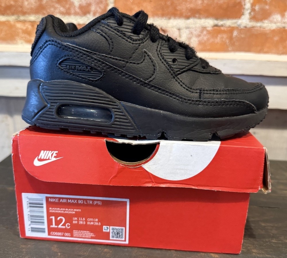 Nike Air Max 90 LTR SNEAKERS black leather CD6867-001 Youth Size 12C Running