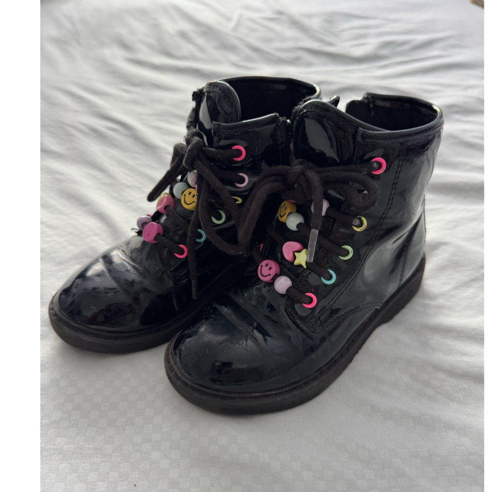 Unisex Kids Black Patent Leather Combat Ankle Lace-Up Boots Round Toe Size 11