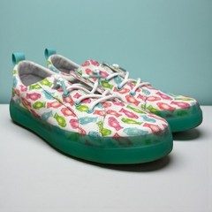 Sperry Crest Vibe Sneakers Kids White Teal Pink Green Fish Print Canvas Shoes