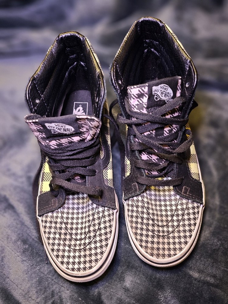 Kids Vans SK8 Hi Plaid Checkered Yellow Pink Black White High Top Shoes Size 6