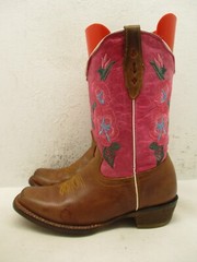 Kids Brown Pink Leather Square Toe Embroidered Cowboy Boots Size 21 MEX