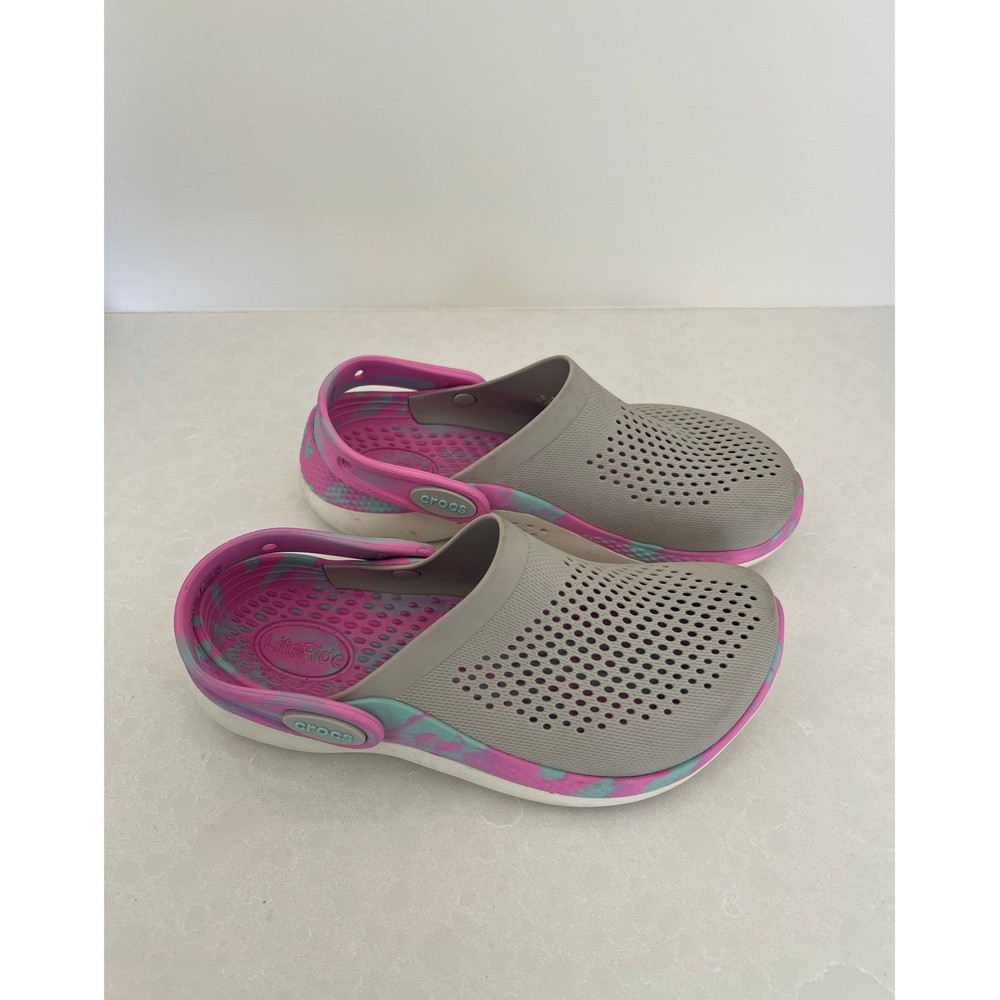 Crocs LiteRide Clogs Kids J3 Grey Pink Teal Marble Swirl Slip On Shoes