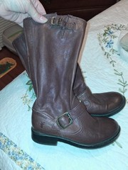 FRYE „VERONICA SLOUCH“ SOFT BROWN LEATHER TALL BIKER BOOT BOYS SZ. 2 Preowned