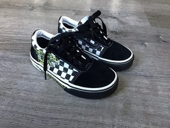 Vans Checkerboard Skate Shoes Youth 12 Black White Suede Green Dinosaur Skating