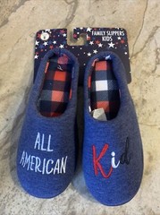 Youth MED Blue Checked Plush Insole Rubber Outsole All American Kid Slippers