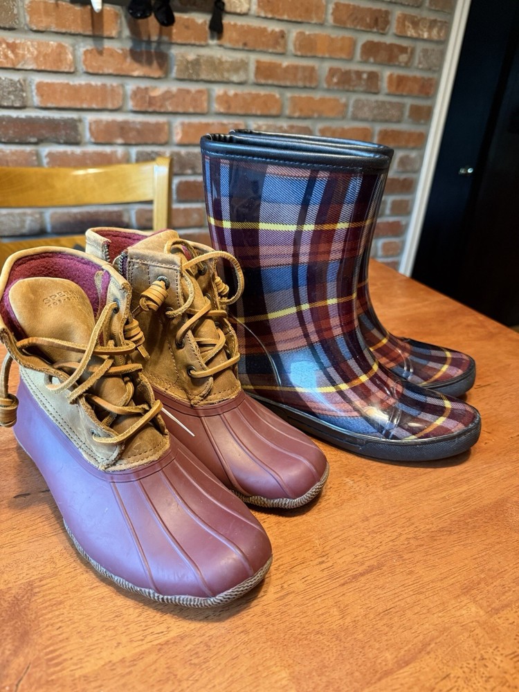 Sperry Top-sider Waterproof Rubber Boots & Bonus Tall Boots Burgundy Beige Sz. 5