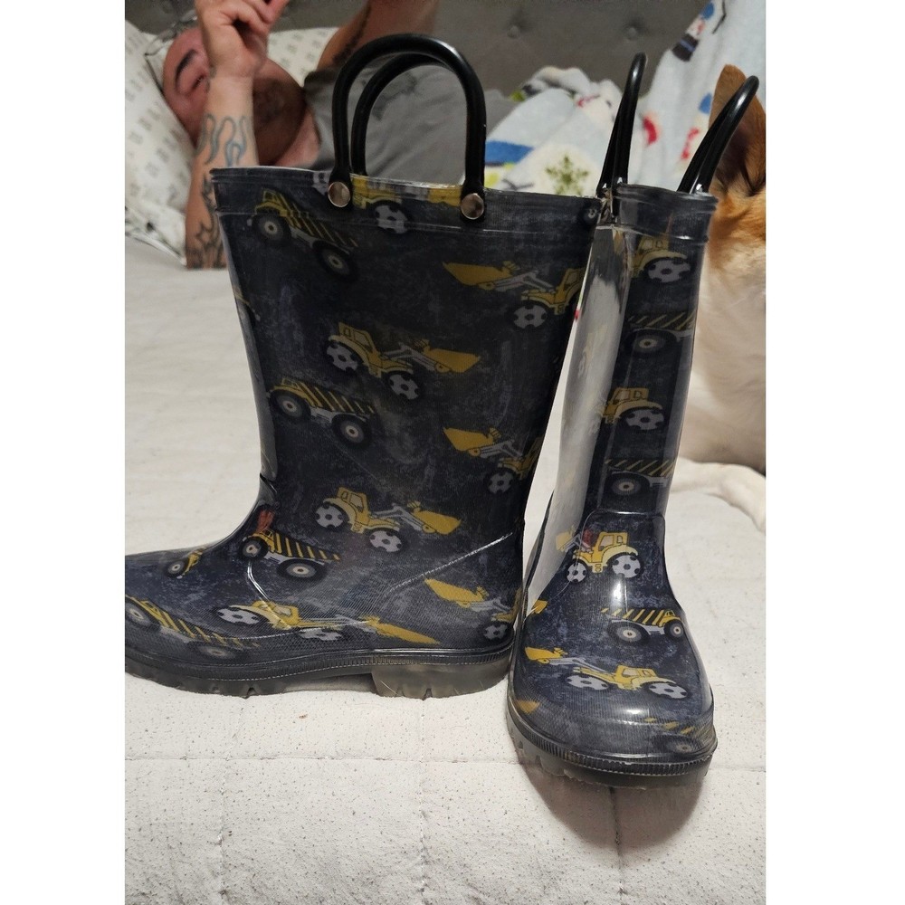 Kids Construction Vehicle Light Up Rain Boots Waterproof Pull On Blue Yellow 11