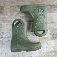 Crocs Handle It Kids Rain Boots Sz 2 Army Green Rubber Handles Slip On Round Toe