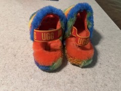 Size 4 – UGG Australia Fluff Yeah Slide Rainbow Stripe 1119840K-RSTR Kids Sandal