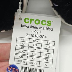 Crocs Baya Lined Marbled Clog Kids Size 12 Black White New Fuzzy Warm Slip On