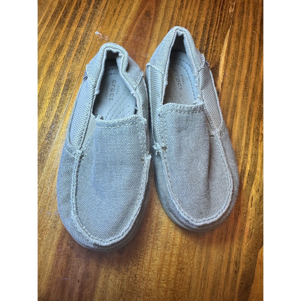 Crocs Kids Santa Cruz Khaki Tan Canvas Slip On Loafers Shoes Size C9