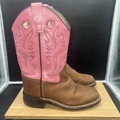 OLD WEST Brown Pink Leather Square Toe Cowboy Boots Youth SZ 1.0 D Style BSC1839