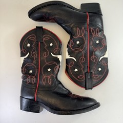 Justin Kids Cowboy Boots 13.5 Black Longhorn Star Inlay Western Leather Red Trim