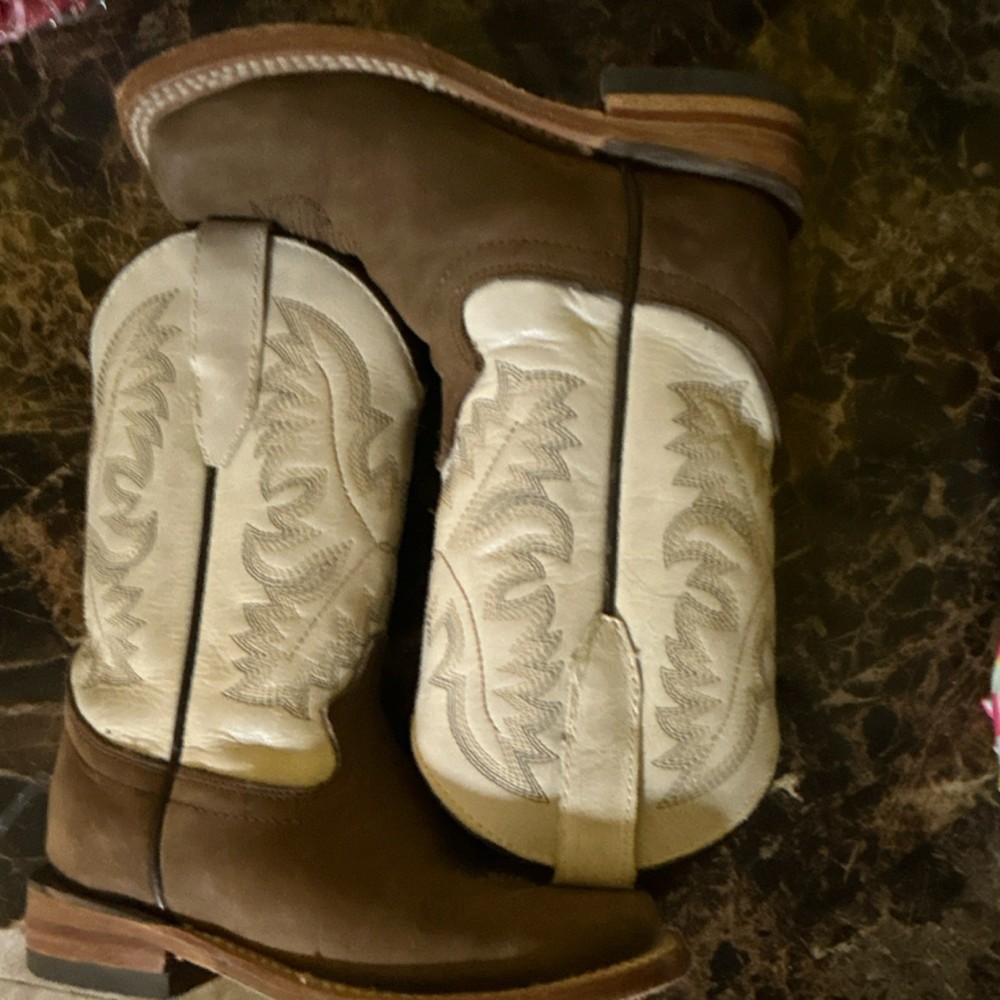 Kids Western Cowboy Boots Brown Beige Embroidered Mid-Calf Square Toe Pull On