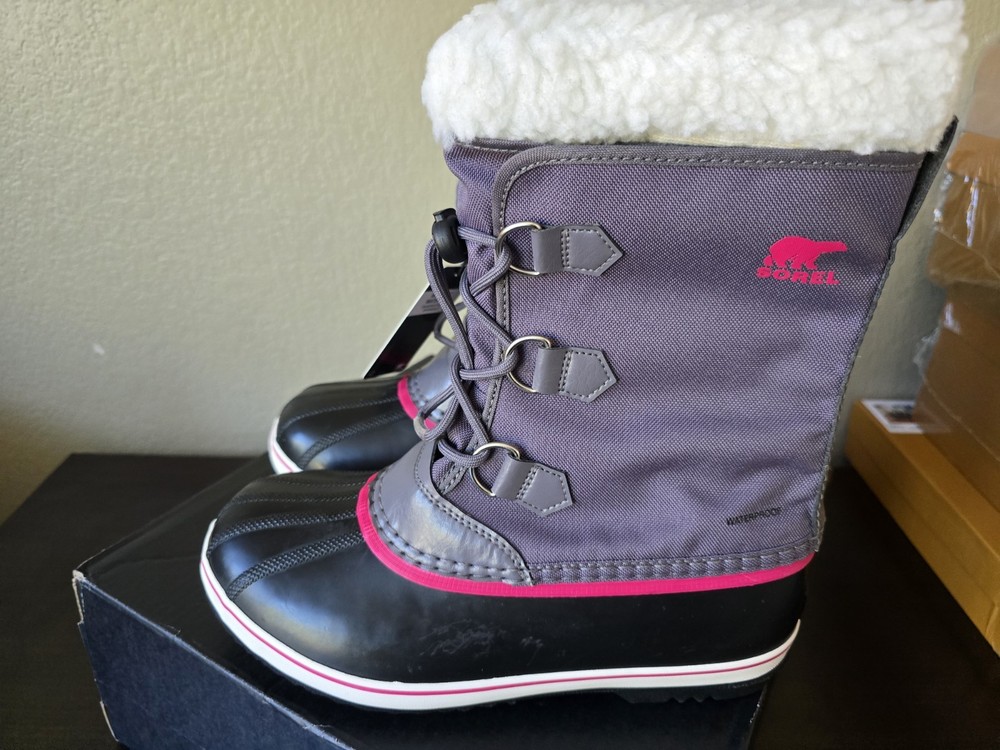 Sorel Yoot Pac Nylon WP Winter Boots In Chrome Grey/Black/Pink Big Kid Size US 7